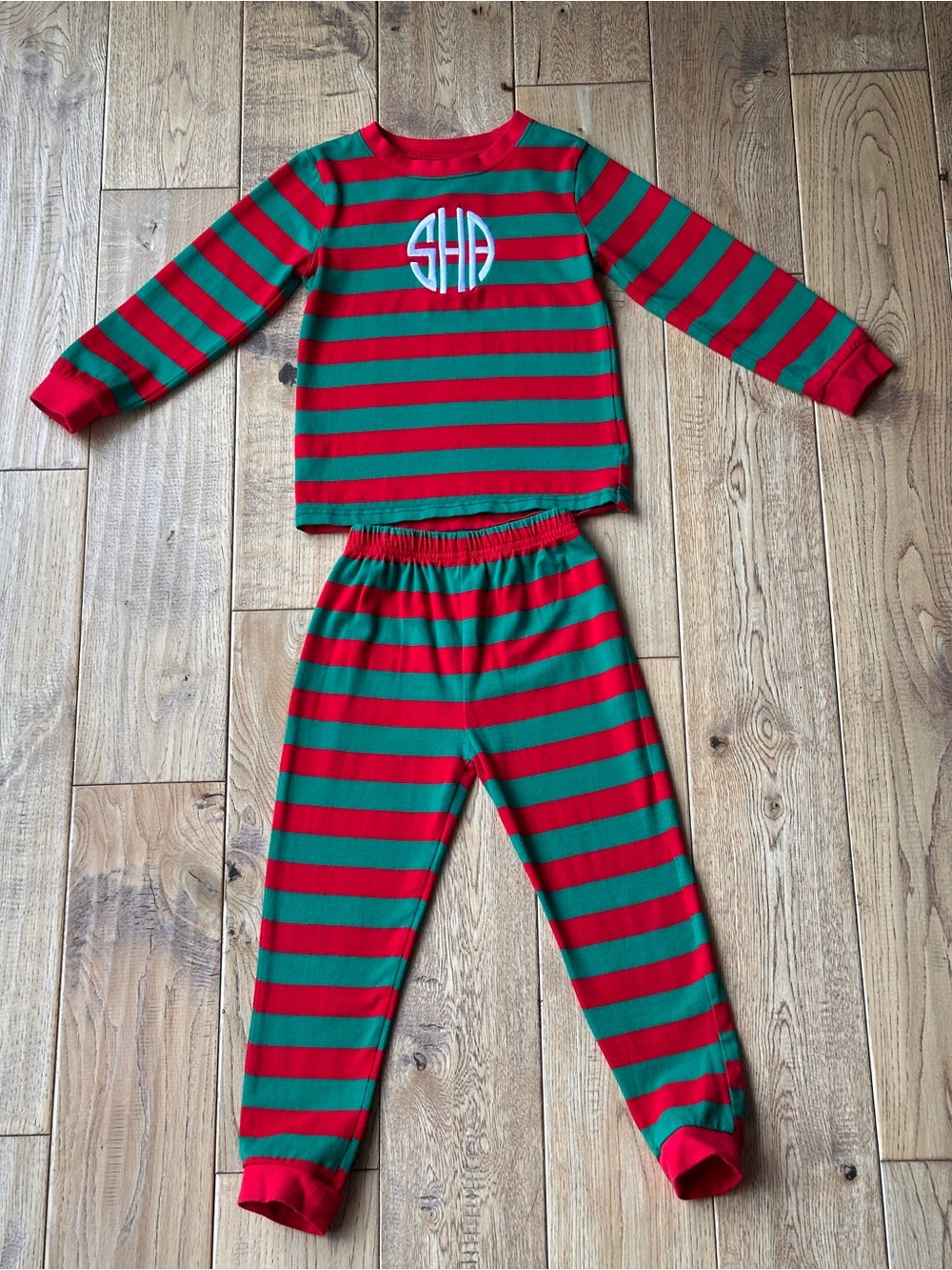 Cecil and Lou Monogrammed Red and Green Striped Knit Holiday Pajamas size 4T